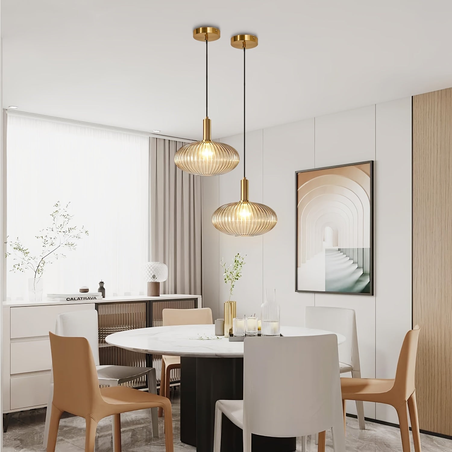Modern Ribbed Glass Pendant Light | Adjustable Brass Fixture