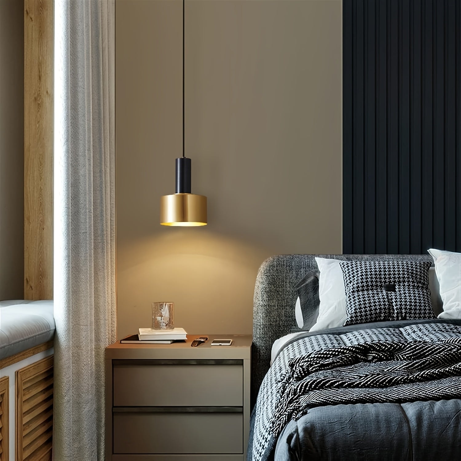 Modern Black & Gold Pendant Light | Adjustable Height E27 Fixture