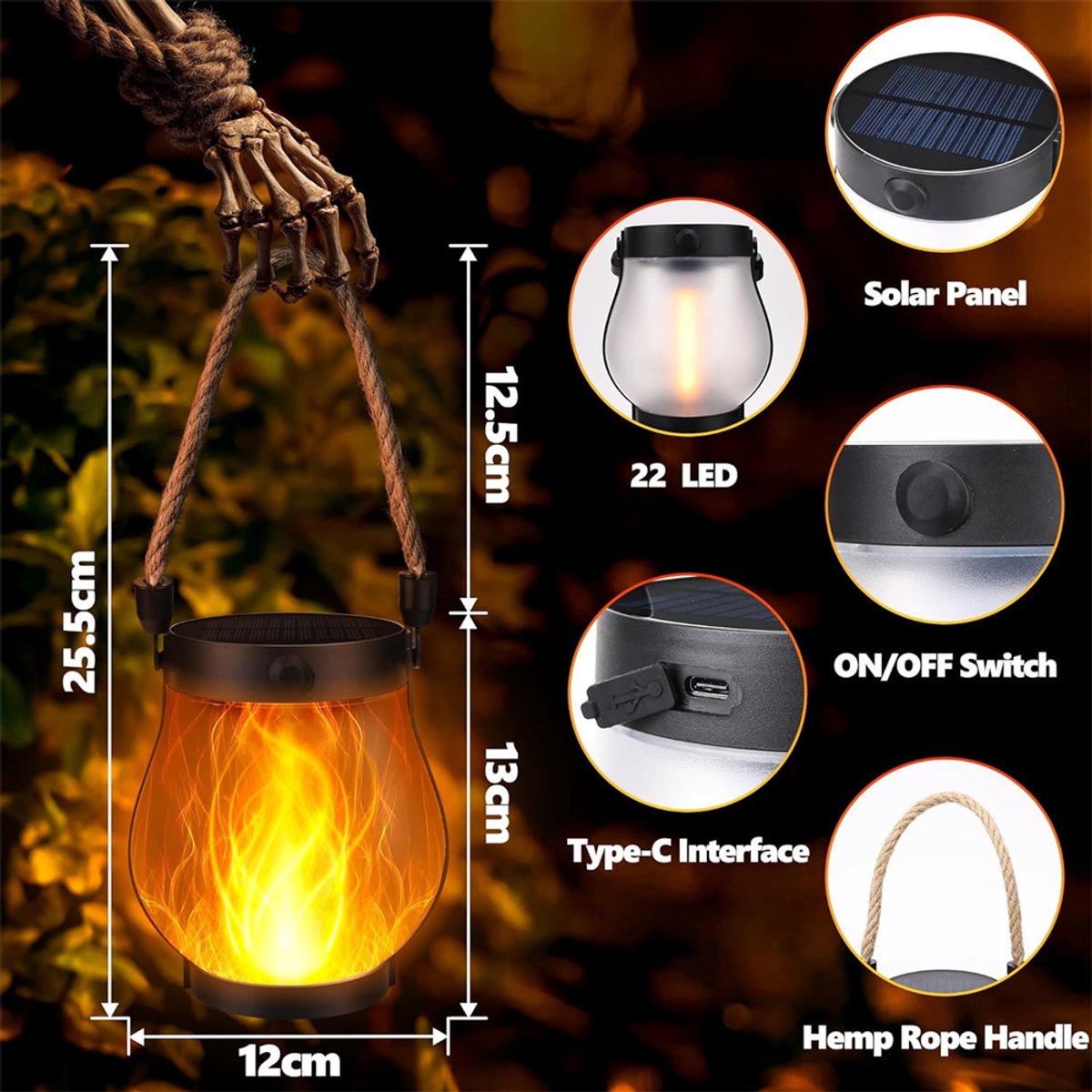 LED Lantern | Solar and USB-Rechargeable Flame-Effect Light