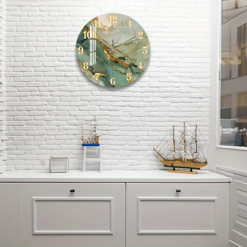 Abstract Marble Wall Clock | Silent Wooden Round Clock with Gold Accents