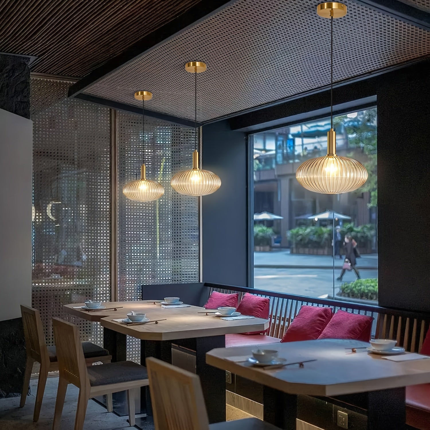 Modern Ribbed Glass Pendant Light | Adjustable Brass Fixture