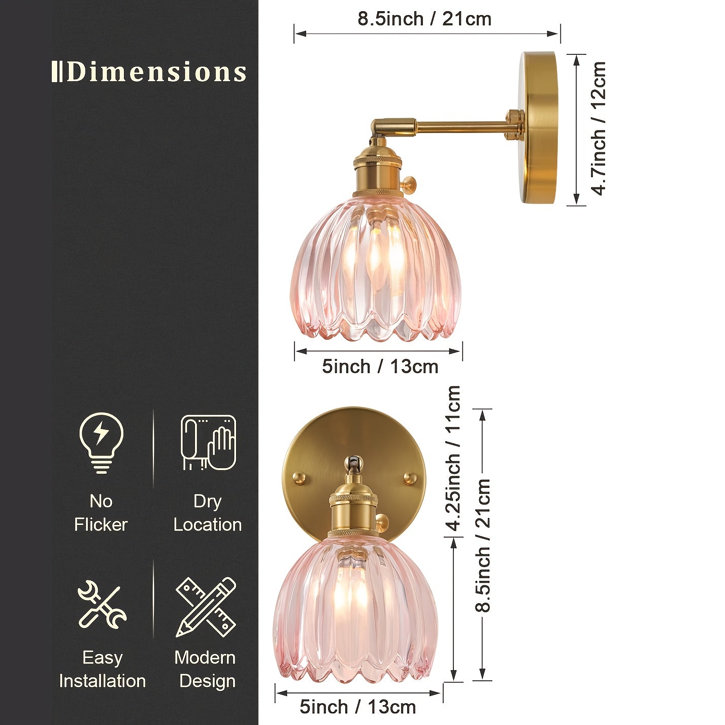 Modern Glass Wall Sconce | Pink Ribbed Shade & Brushed Gold Finish