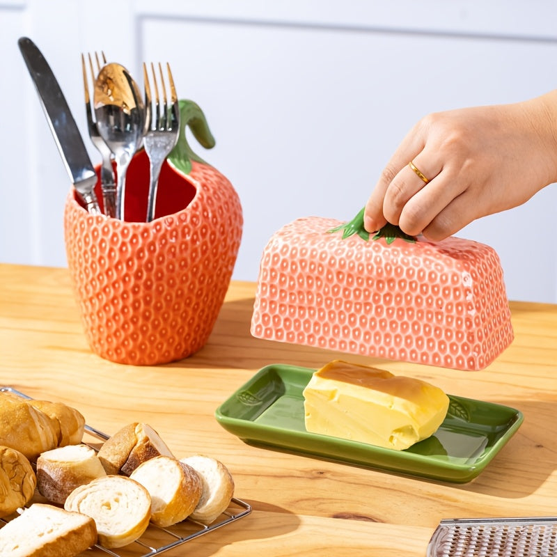Ceramic Butter Dish with Lid | Strawberry Design Butter Box