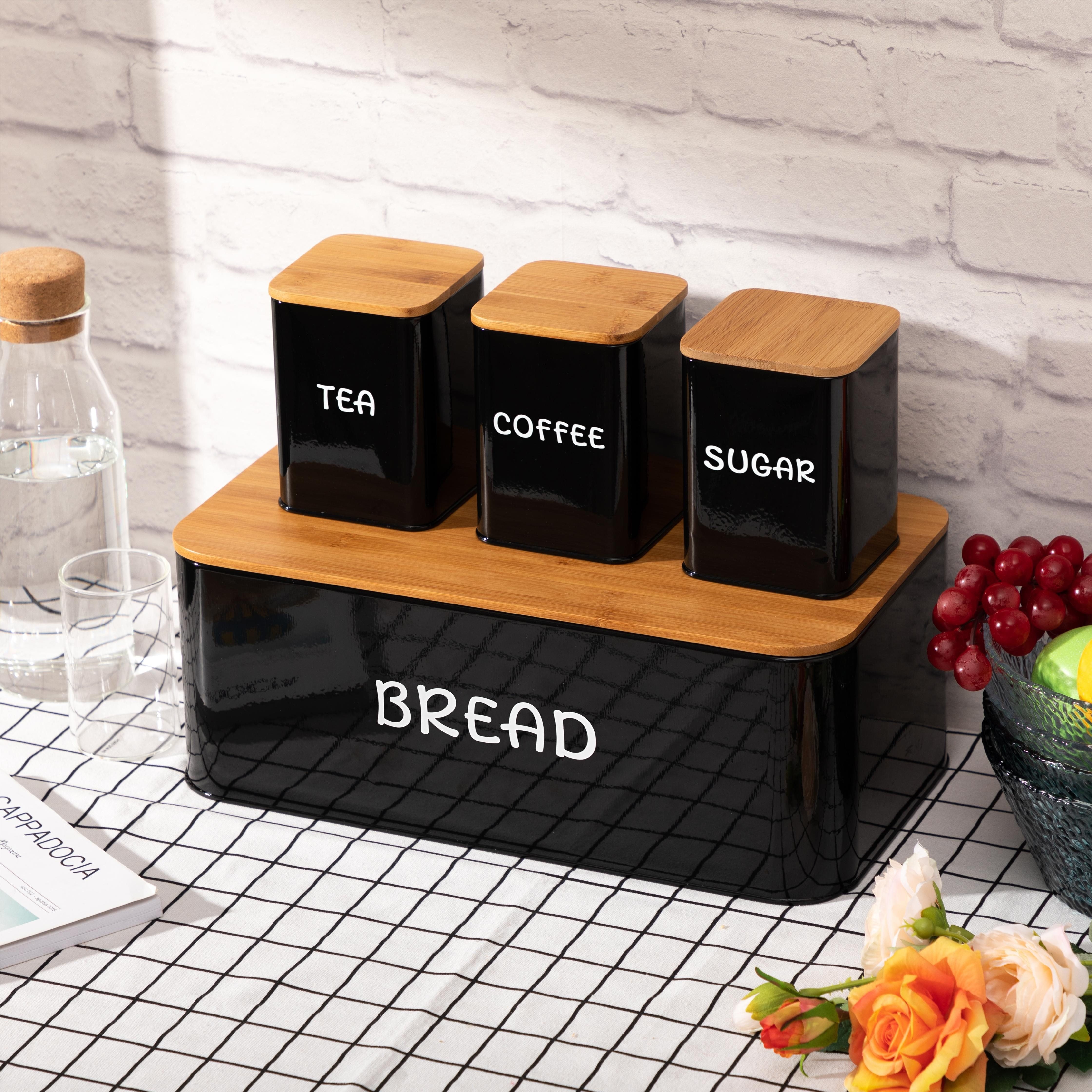 Bread Box Set with Tea, Coffee & Sugar Canisters | Bamboo Lid Kitchen Storage