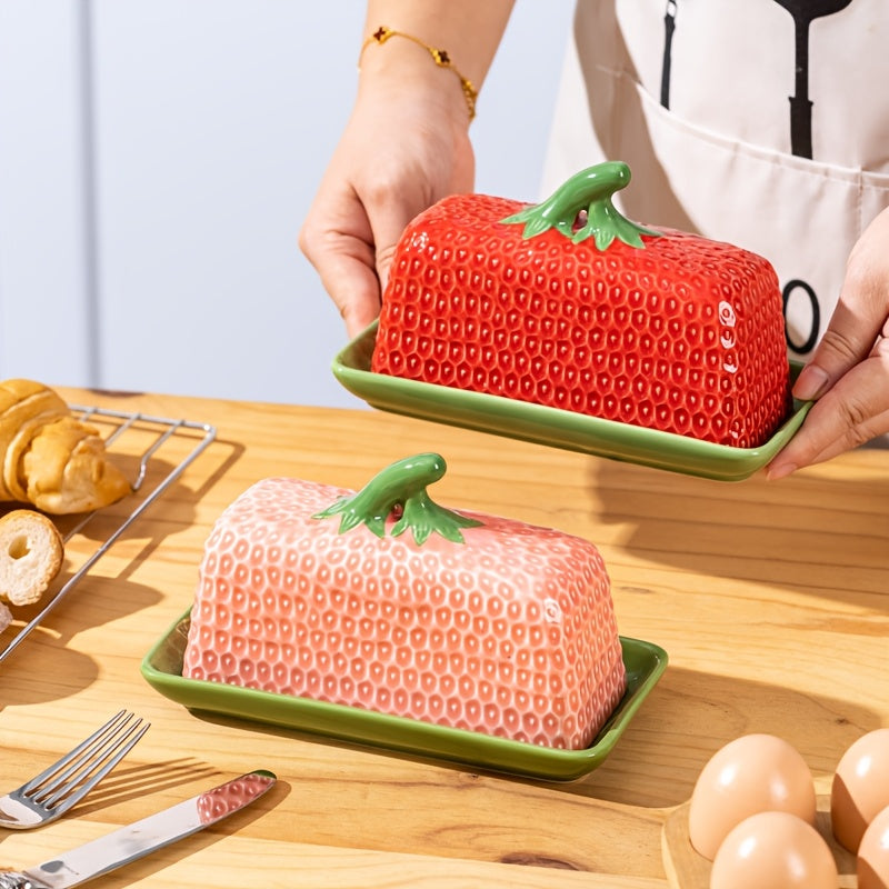 Ceramic Butter Dish with Lid | Strawberry Design Butter Box
