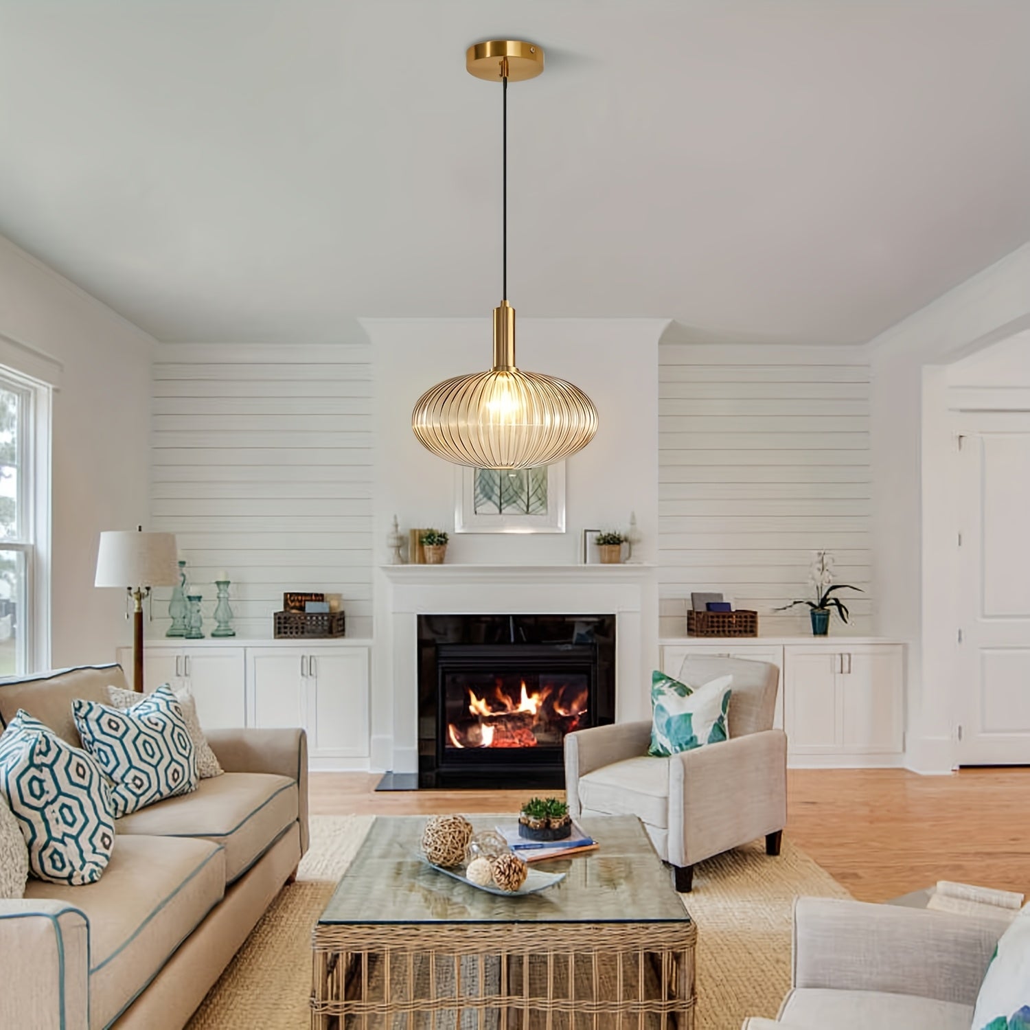 Modern Ribbed Glass Pendant Light | Adjustable Brass Fixture