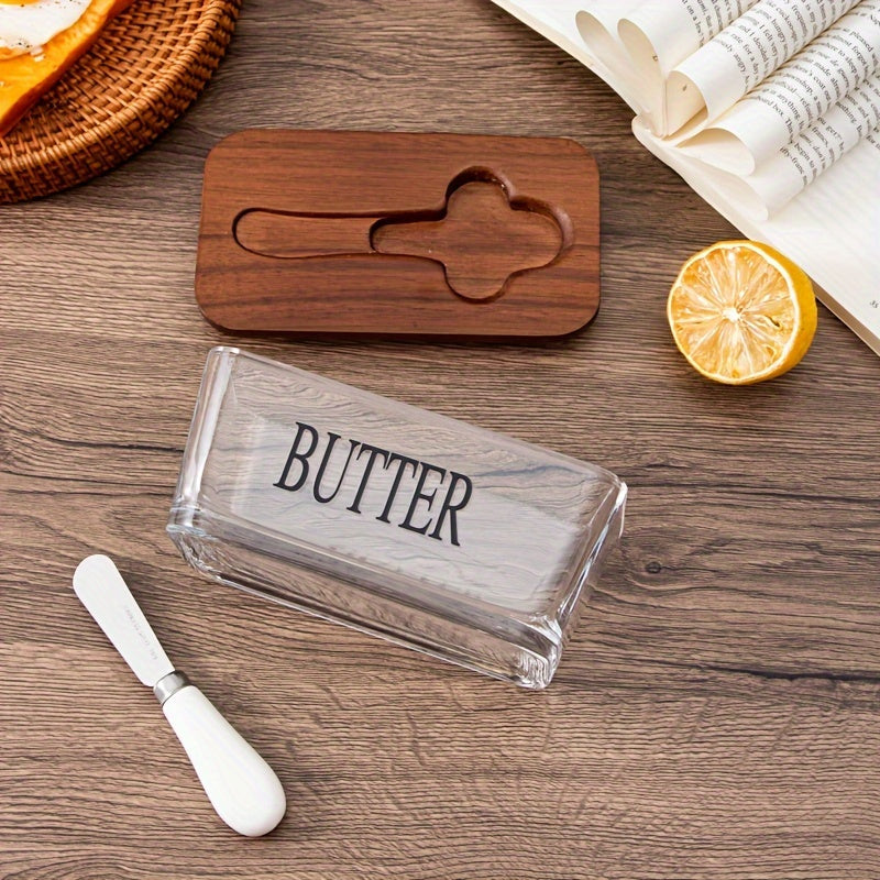 Acacia Wood Lid Glass Butter Dish with Spreader | Thick Glass Butter Keeper