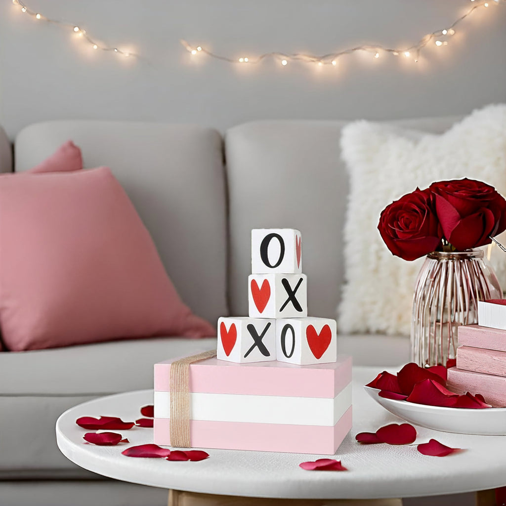 Valentines Day Decor Wooden Book Stack Shelf 4 Signs
