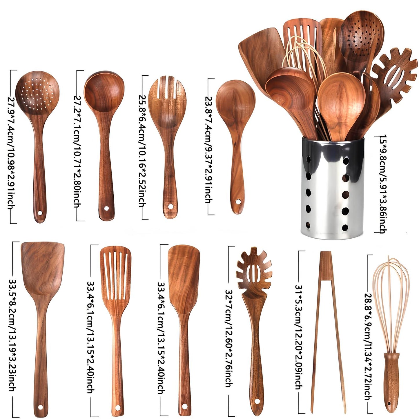 11-Piece Teak Wood Kitchen Utensil Set | Natural Wooden Cooking Tools with Holder
