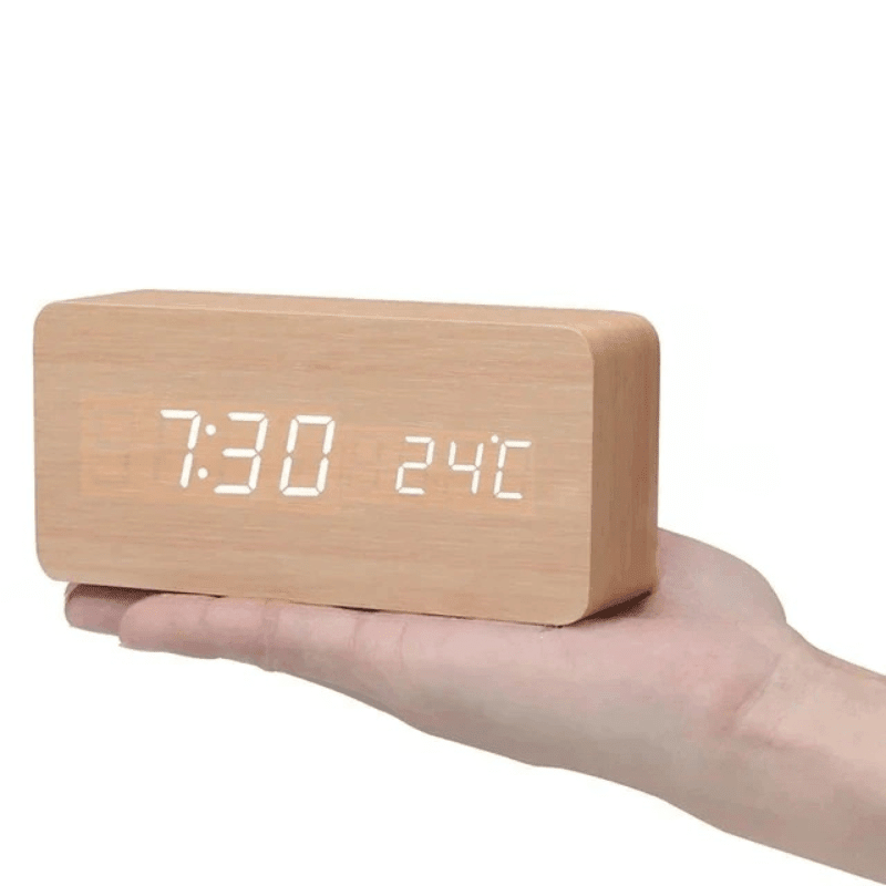 Wood Alarm Clock LED Digital Smart Voice Activated Desk Clock