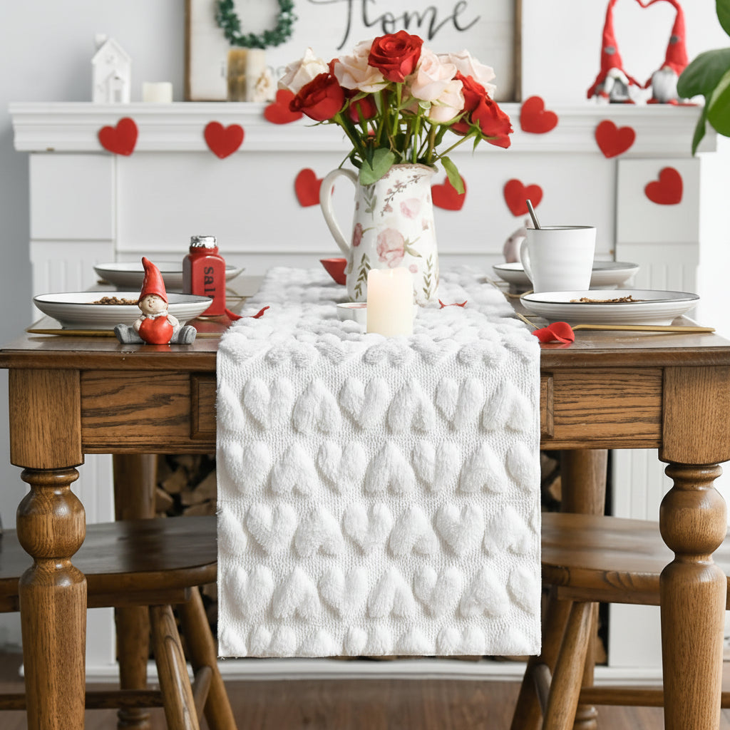 Pink Soft Plush Jacquard Heart Valentine Table Runner