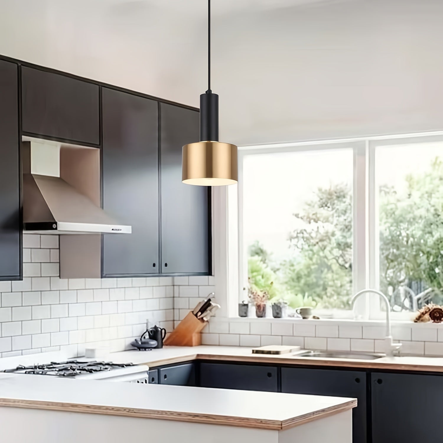 Modern Black & Gold Pendant Light | Adjustable Height E27 Fixture