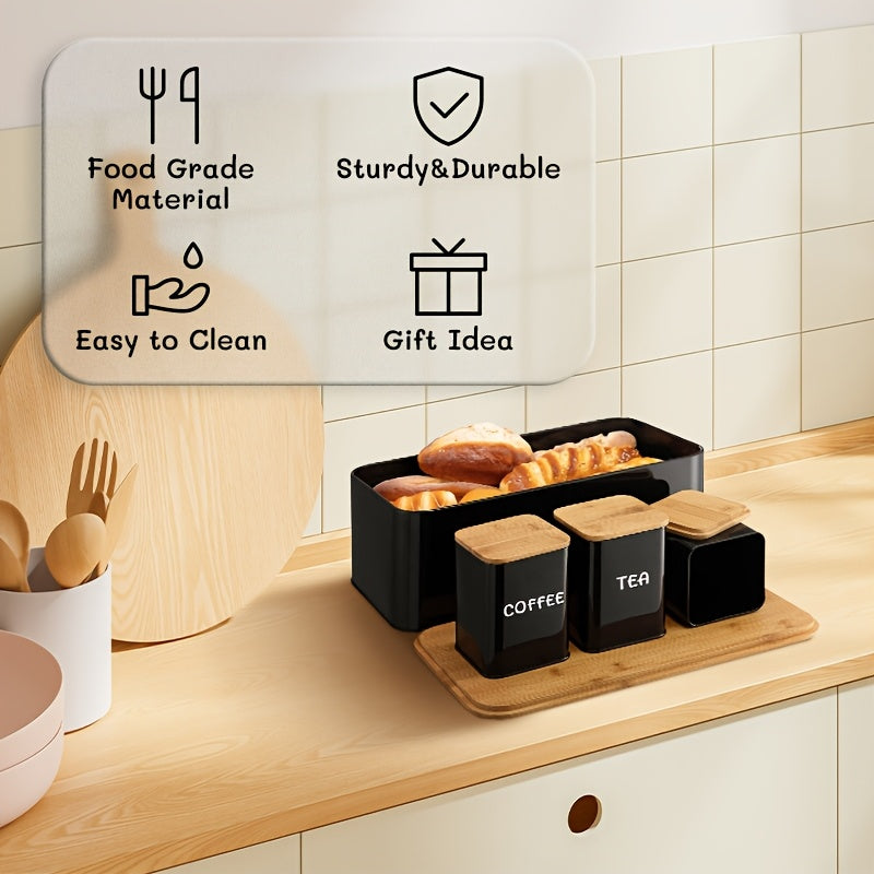 Bread Box Set with Tea, Coffee & Sugar Canisters | Bamboo Lid Kitchen Storage