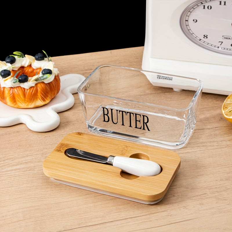 Acacia Wood Lid Glass Butter Dish with Spreader | Thick Glass Butter Keeper