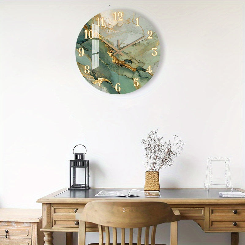 Abstract Marble Wall Clock | Silent Wooden Round Clock with Gold Accents
