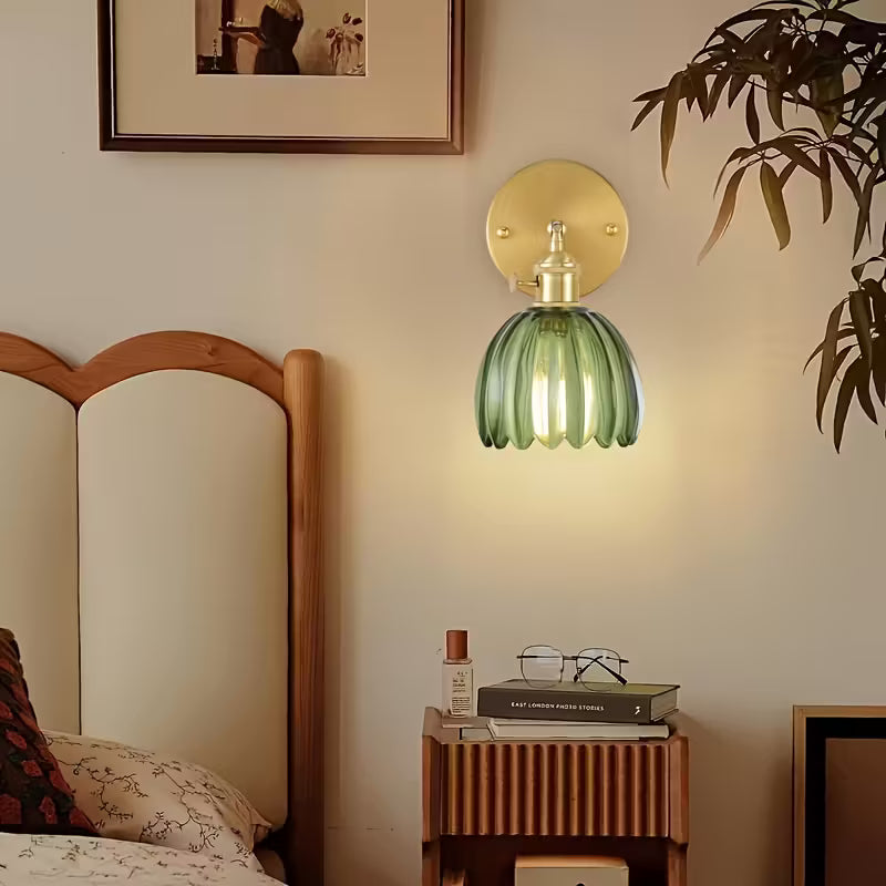 Modern Glass Wall Sconce | Pink Ribbed Shade & Brushed Gold Finish