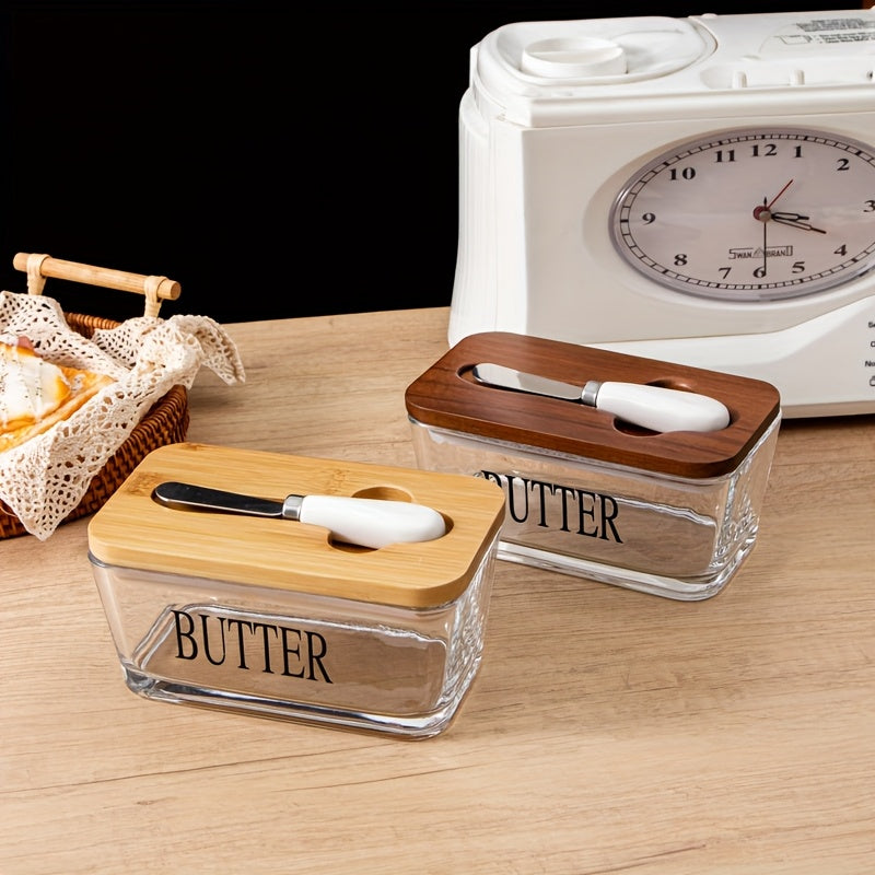 Acacia Wood Lid Glass Butter Dish with Spreader | Thick Glass Butter Keeper