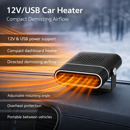 12V/USB Car Heater | Compact demisting airflow