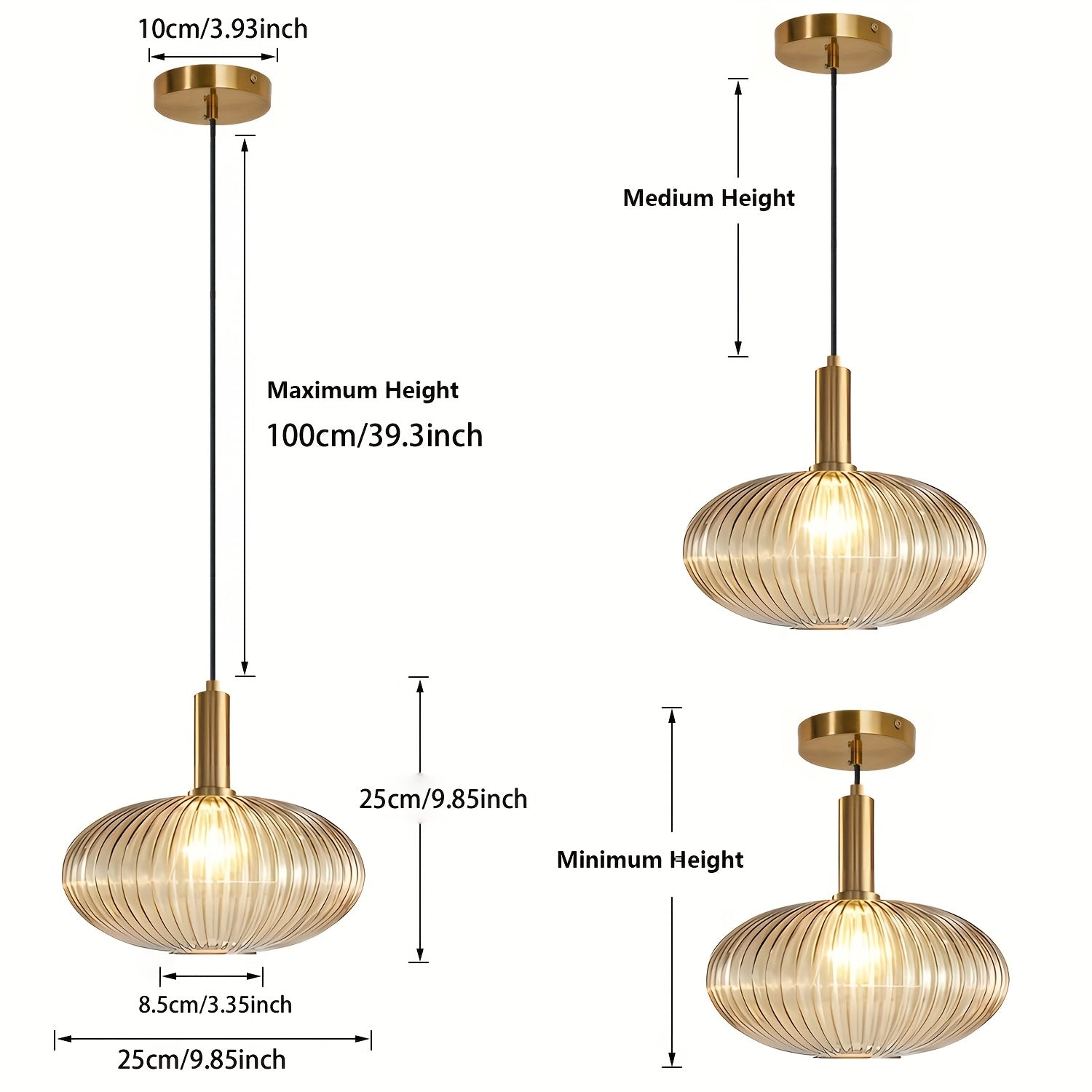 Modern Ribbed Glass Pendant Light | Adjustable Brass Fixture