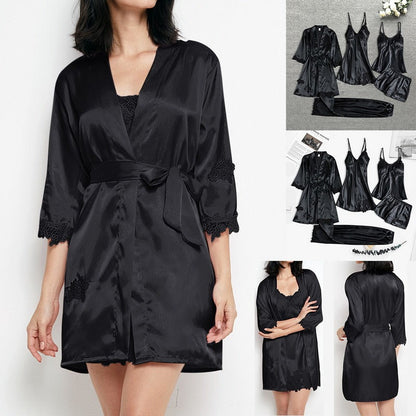 Luxury Silk Sleepwear Set | Lace Trim Kimono With Cami & Shorts