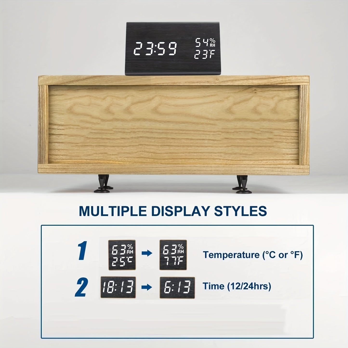 Modern Wooden LED Digital Alarm Clock | Time, Temperature & Humidity Display