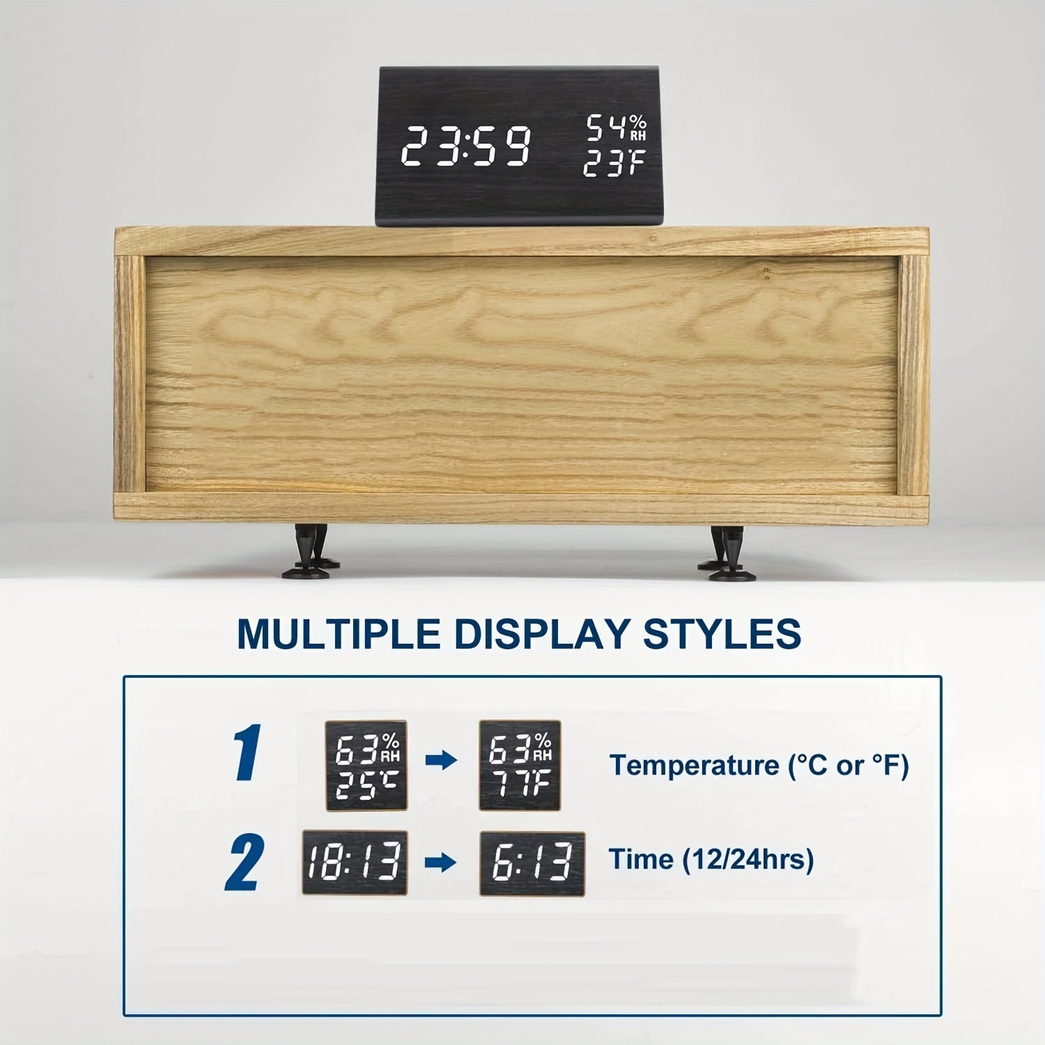 Modern Wooden LED Digital Alarm Clock | Time, Temperature & Humidity Display