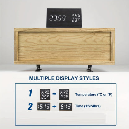 Modern Wooden LED Digital Alarm Clock | Time, Temperature & Humidity Display