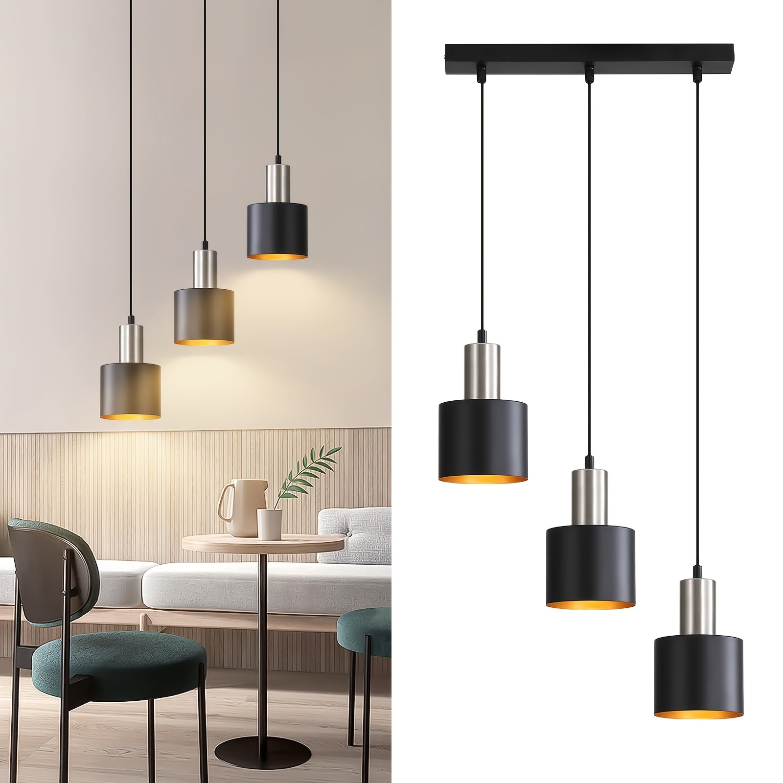 Modern Industrial Pendant Light | Black & Gold Hanging Lamp