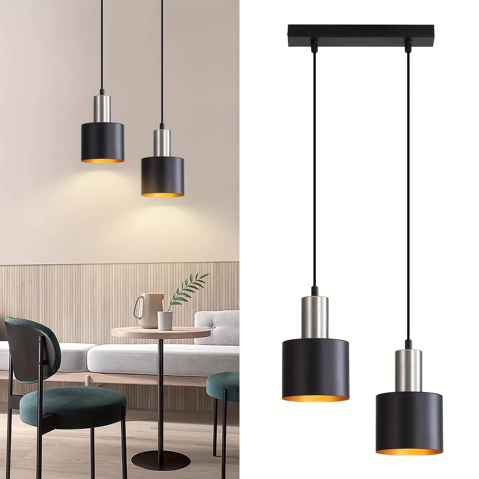 Modern Industrial Pendant Light | Black & Gold Hanging Lamp