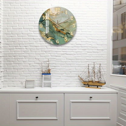 Abstract Marble Wall Clock | Silent Wooden Round Clock with Gold Accents