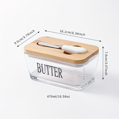 Acacia Wood Lid Glass Butter Dish with Spreader | Thick Glass Butter Keeper