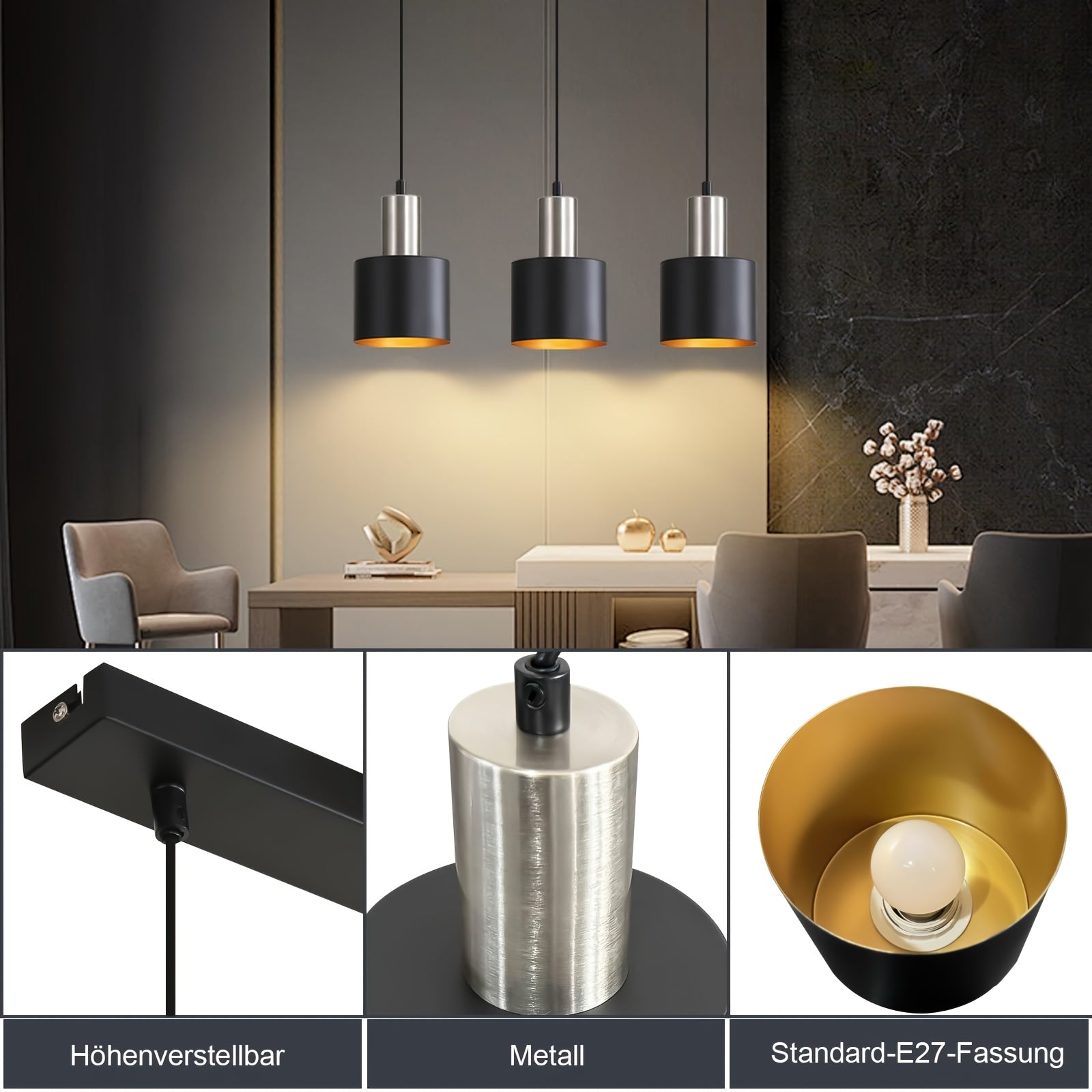 Modern Industrial Pendant Light | Black & Gold Hanging Lamp