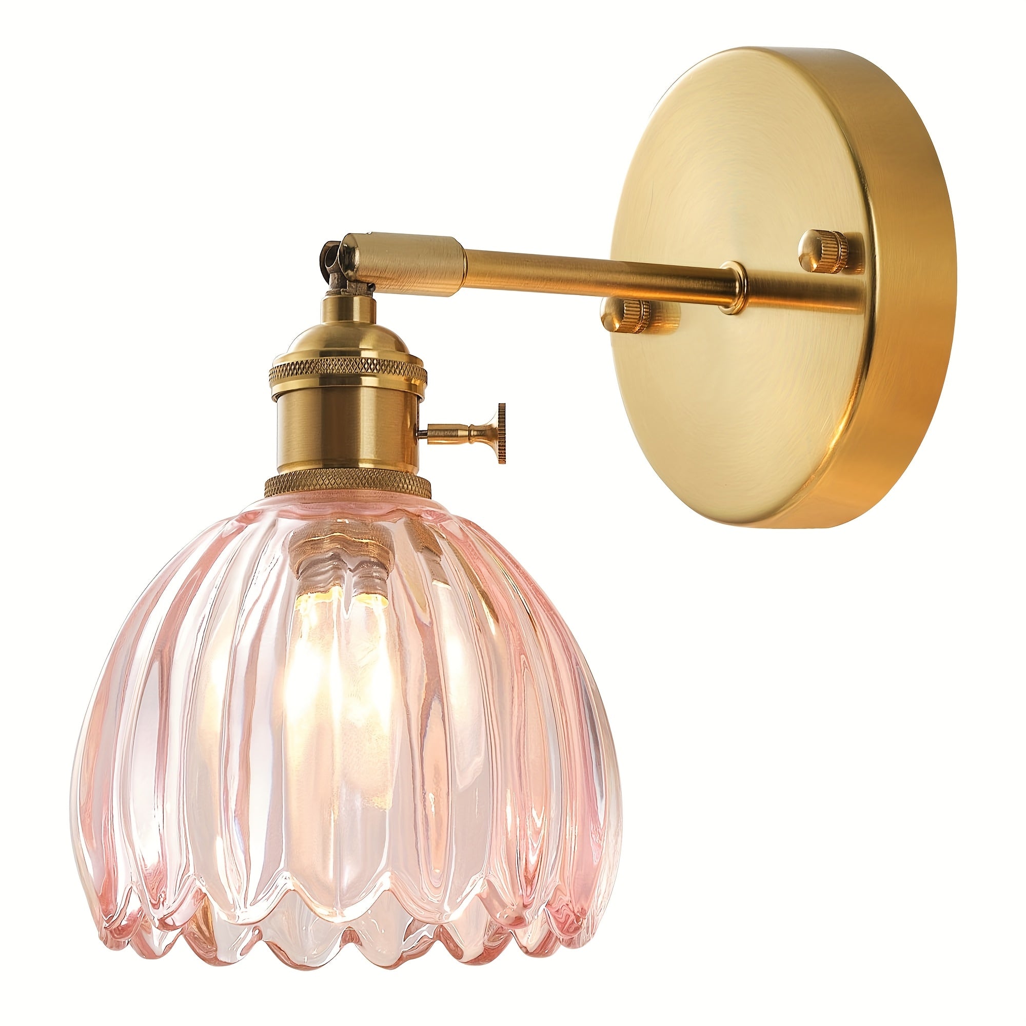 Modern Glass Wall Sconce | Pink Ribbed Shade & Brushed Gold Finish