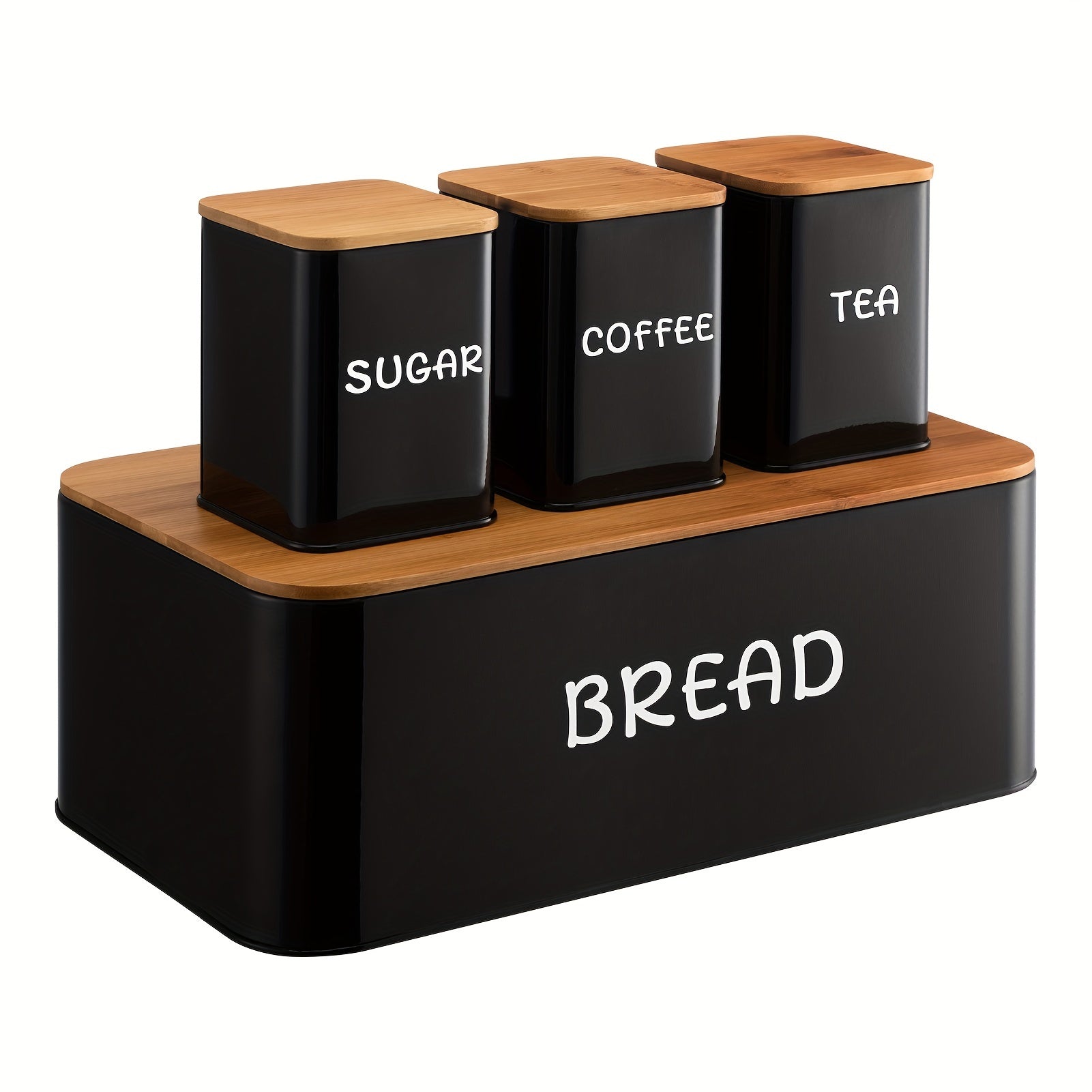 Bread Box Set with Tea, Coffee & Sugar Canisters | Bamboo Lid Kitchen Storage