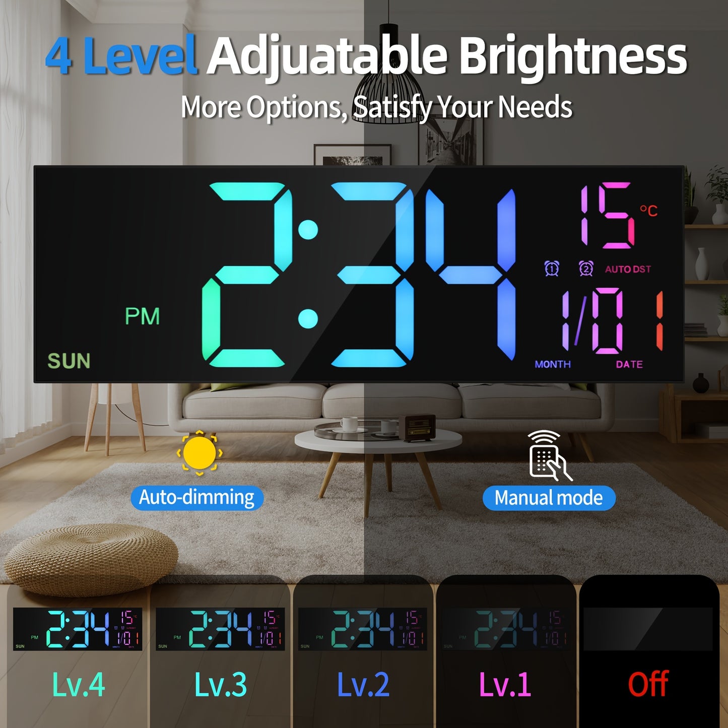 16-Inch RGB Digital Wall Clock | Remote Control & Auto Brightness