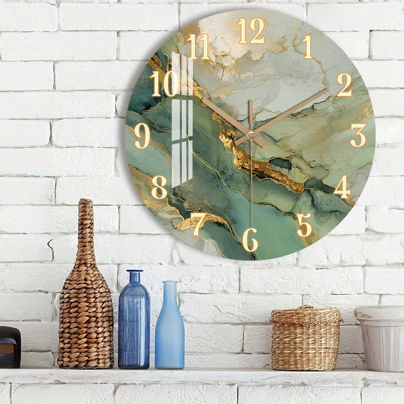 Abstract Marble Wall Clock | Silent Wooden Round Clock with Gold Accents