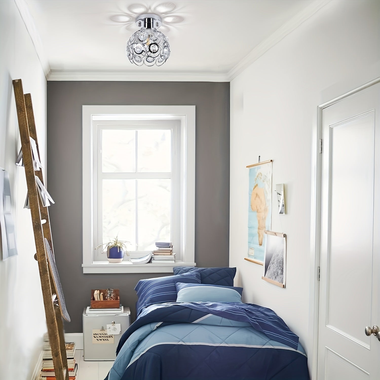 Crystal Semi-Flush Ceiling Light | Modern Polished Metal Chandelier