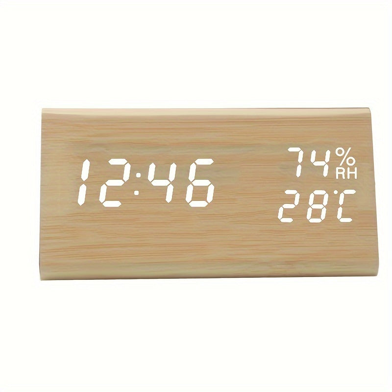 Modern Wooden LED Digital Alarm Clock | Time, Temperature & Humidity Display