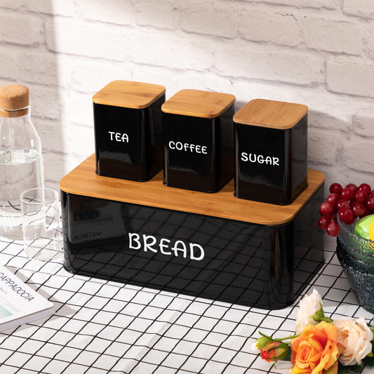 Bread Box Set with Tea, Coffee & Sugar Canisters | Bamboo Lid Kitchen Storage