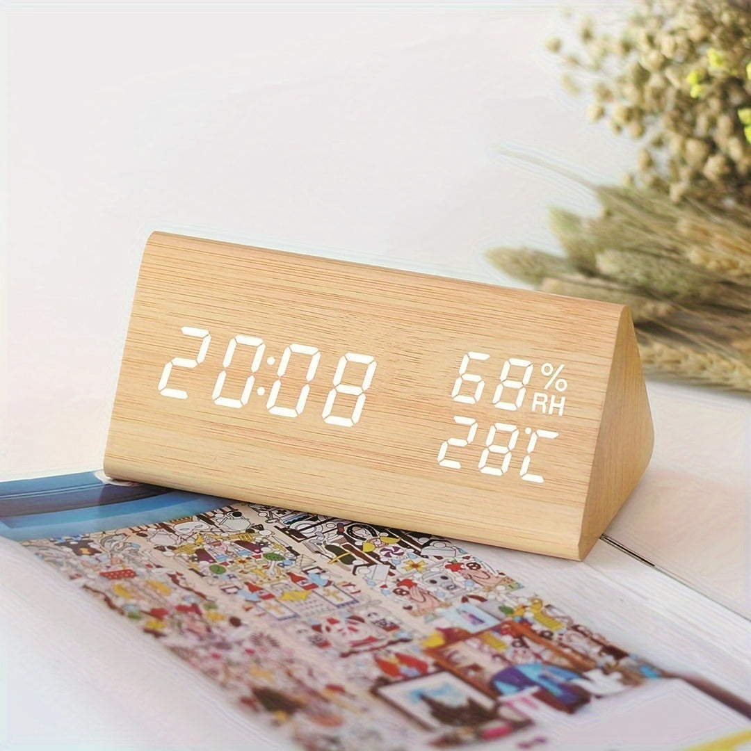 Modern Wooden LED Digital Alarm Clock | Time, Temperature & Humidity Display