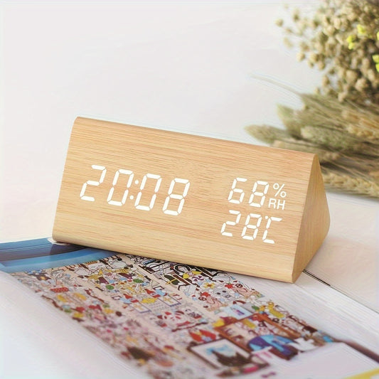 Modern Wooden LED Digital Alarm Clock | Time, Temperature & Humidity Display