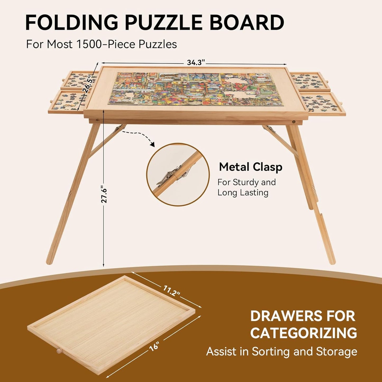 Puzzle Table with Drawers for 1500 - Piece Puzzles, Foldable & Sturdy
