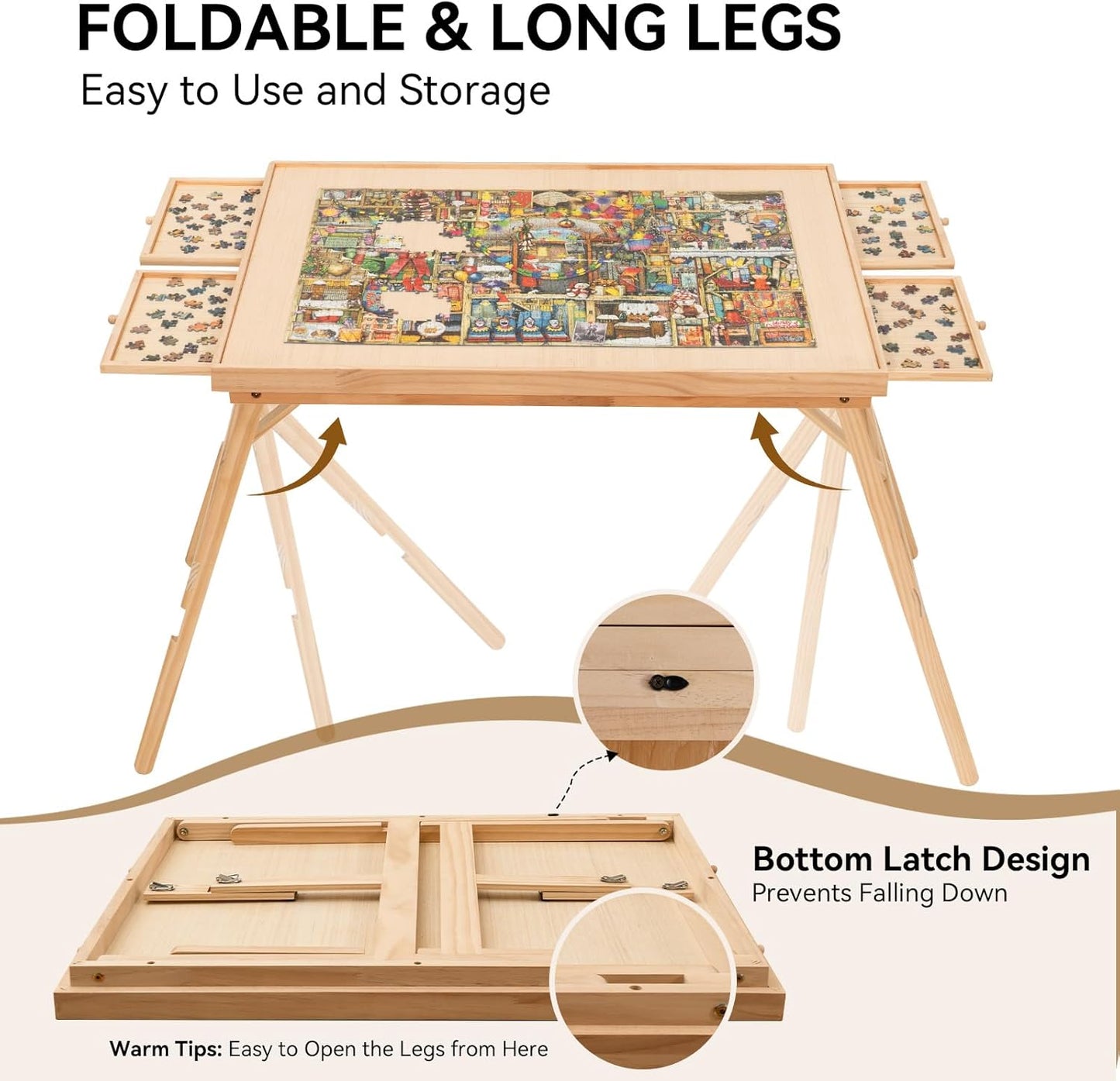 Puzzle Table with Drawers for 1500 - Piece Puzzles, Foldable & Sturdy