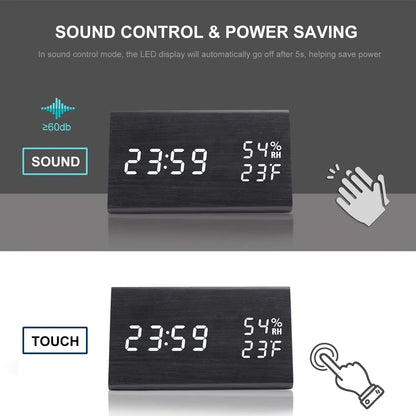 Modern Wooden LED Digital Alarm Clock | Time, Temperature & Humidity Display
