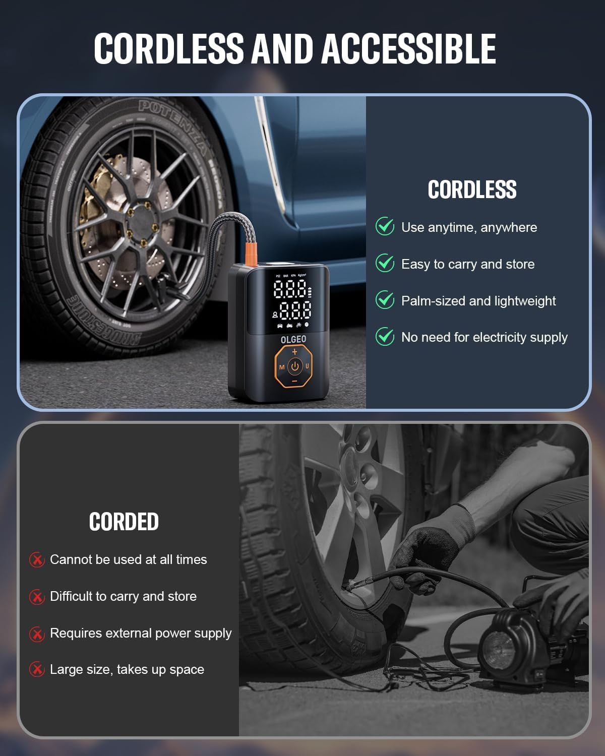 Cordless tyre inflator | Digital auto-stop compressor