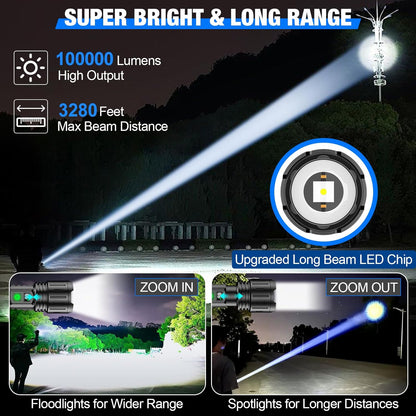 Tactical Flashlight 100000 Lumens LED Waterproof Rechargeable with Power Bank