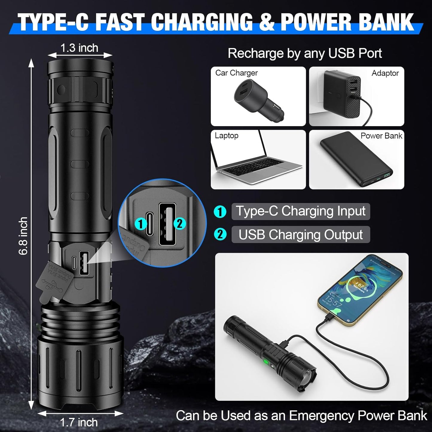 Tactical Flashlight 100000 Lumens LED Waterproof Rechargeable with Power Bank