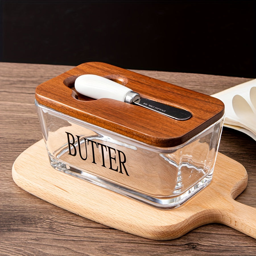 Acacia Wood Lid Glass Butter Dish with Spreader | Thick Glass Butter Keeper