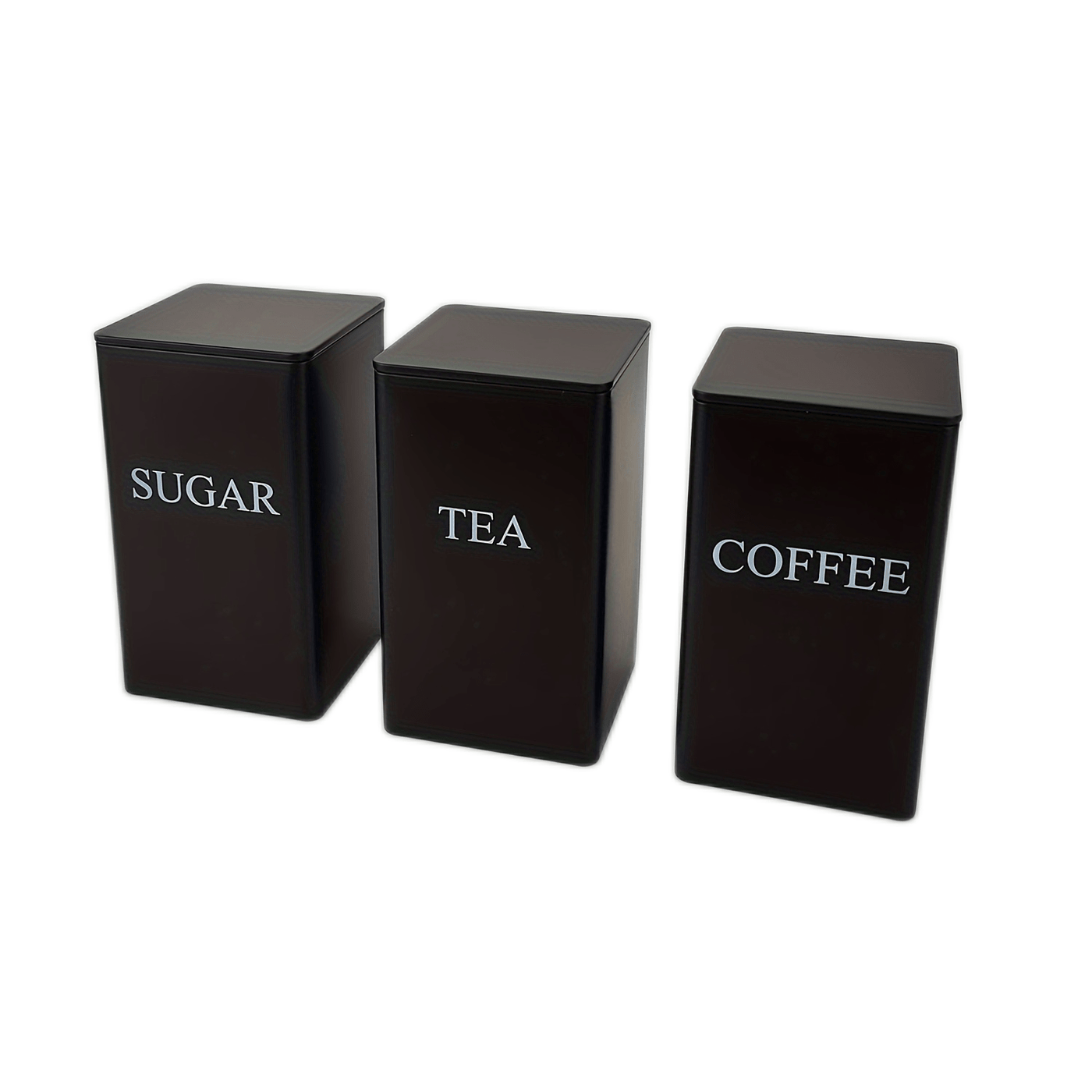 3-Piece Black Square Tea, Coffee & Sugar Storage Tins | Modern Kitchen Canisters Set