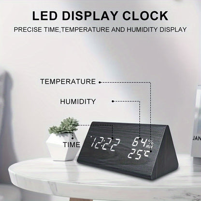 Modern Wooden LED Digital Alarm Clock | Time, Temperature & Humidity Display